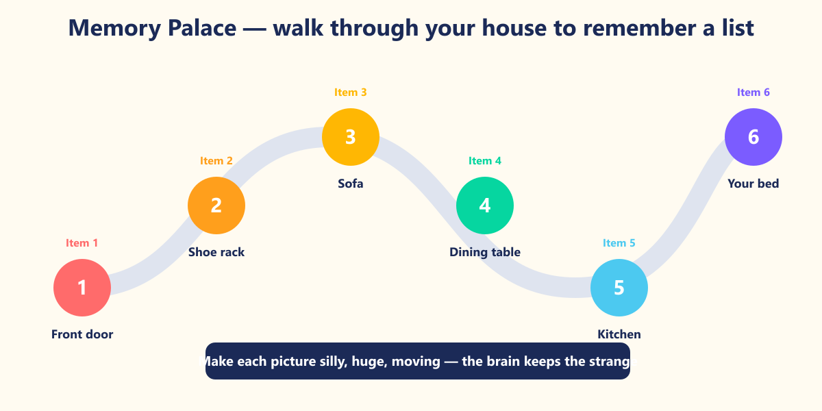 Walk a fixed route through your house. Each stop holds one item as a vivid picture. To recall, just walk again.